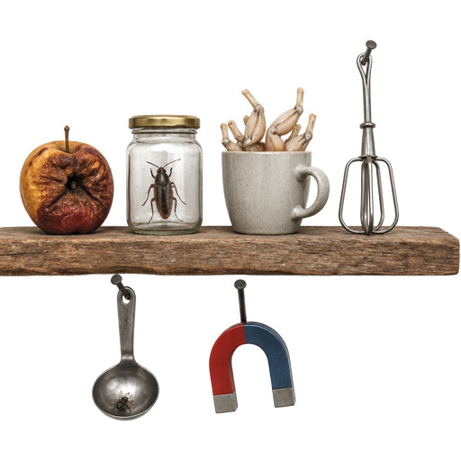wooden shelf rotten apple bug in jar a cup full of frog legs eggbeater on nail a fly in a ladle on nail magnet on a nail