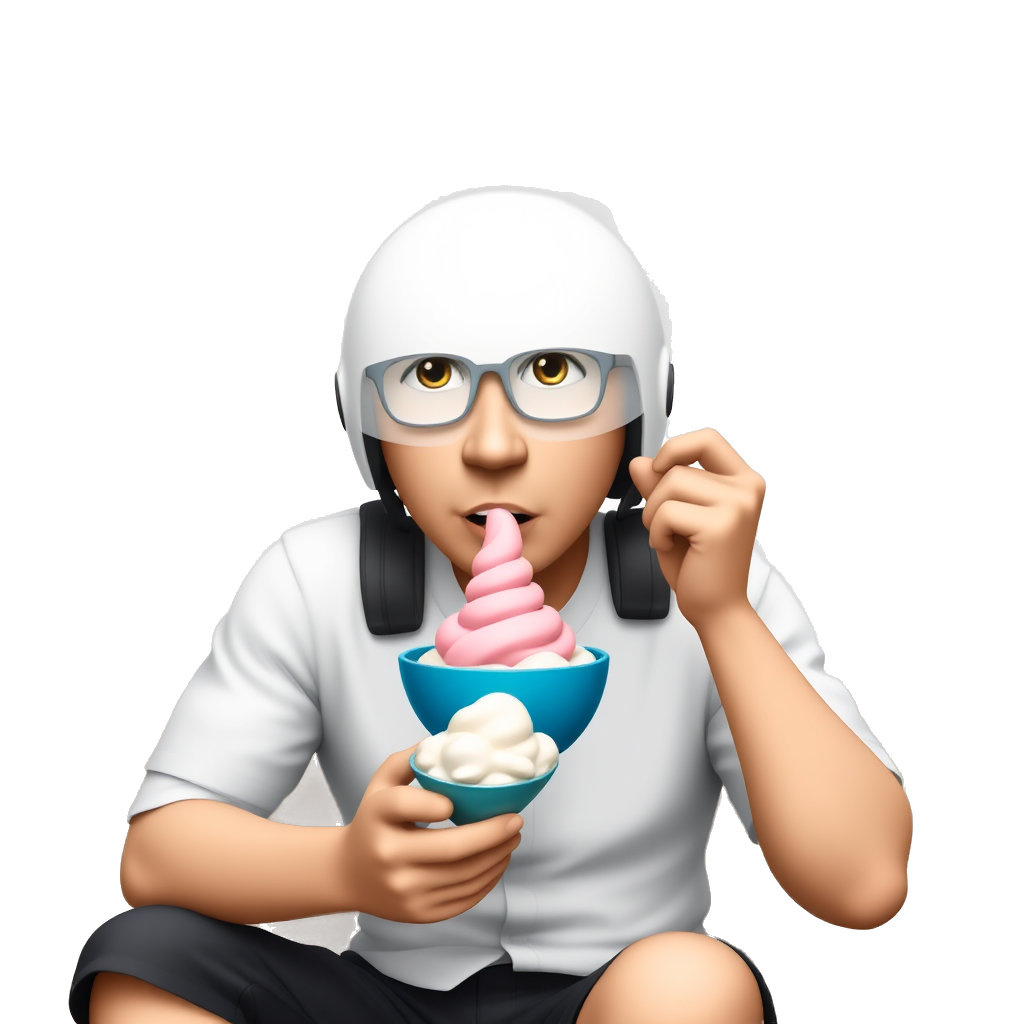 chinese guy with clear grey glasses, a white shirt, black shorts on sitting on a couch eating a blue bowl of ice cream with a white helmet