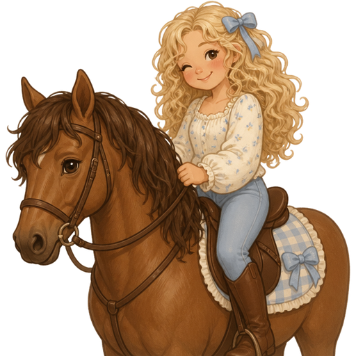 Make a girl with blonde curly hair riding a brown horse with the horse mane dark brown and them in the corner of the emoji say “ Did you get first girlie?” In the color light blue