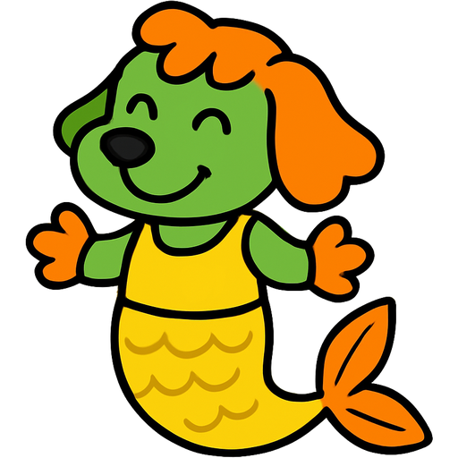 green dog with orange hair yellow gloves with orange fins yellow dress attached to yellow mermaid tail with orange fins