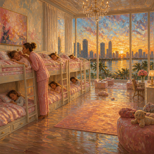 give me nine year-old twin daughter sleeping in their bunkbeds all individually and their mom is waking them up with a kiss on the cheek and the room is so so so big with the Miami sunrise city view