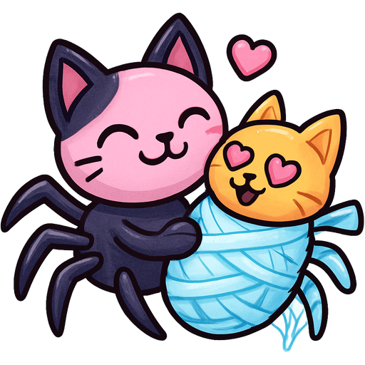 pink and black cat spider hybrid happy hugging and kissing on #B8FFFF slikworm cocooned pod orange fairy cat happy with pink heart eyes covered with #B8FFFF coating of #B8FFFF slik and #B8FFFF slik wrappings and #B8FFFF webbing wrappings emoji, artistic style
