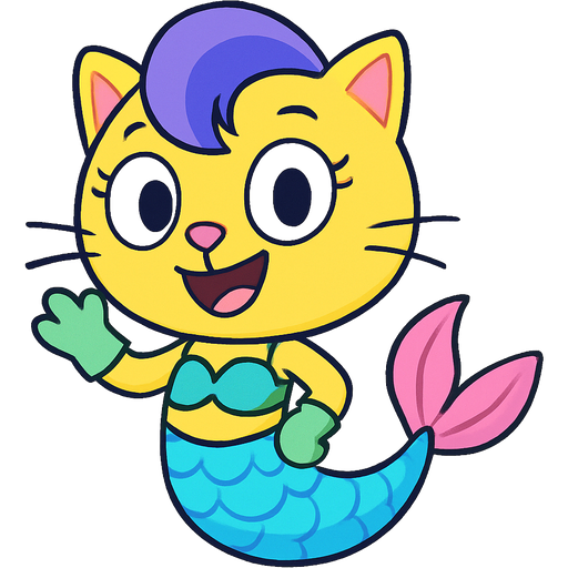 yellow cat anthro with purple hair blue cyan and white mermaid tail with pink fins light green gloves and swimsuit top blue happy tree friends style version artistic creation, beautiful art