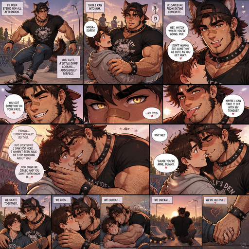An ANIME comic book of a Bulky and Slim and Small Waist and Huge Biceps but Muscular and more Muscle than Fat ANIME Cute Bara Man with Peach toned skin Who looks Normal and American with a round facial Structure and Basic facial structure With Puffy and Big Pecs that are visible through the shirt and Biceps and Bandaid on his nose and is Hot and Cute. And he has anthropomorphic features like a Dog tail and Ears and Teeth and more body hair and a little bit more Hair on his head and has claws and no human ears and more hair on his head but still short and can change eyes from human to wolf when he flirts and gets excited and sometimes will act like an adorable dumb wolf, and sometime acts attractive Hot and dreamy and licks a Fang. And has been eying you at a skatepark with a Collar and Spikey bands and a Baseball Hat backwards and he was skating and you run into him and he saves him. And Flirts with you and acts Hot and Dreamy. And we’re both deeply in love and we hold hands kiss cuddle near the ramps and he is just your dream guy