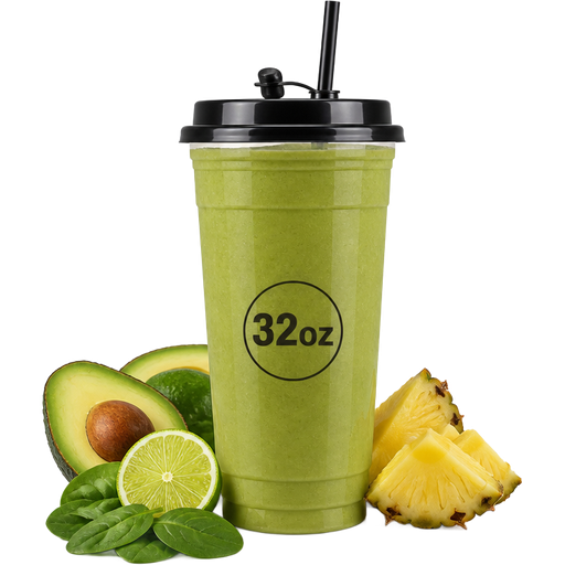 Smoothie with a 32oz PP Injection Cup and a Premium Plastic PP Black Lid with an Attached Stopper including a Straw on Top of It Blended with Avocados, Lime, Spinach and Pineapples