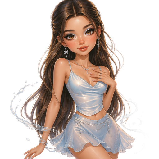 semi-realistic soft cartoon luxury glam, mini plush Bratz-doll aesthetic, cinematic glow, crisp clean detail, glossy glam skin. brown eyed Petite 5ft girl, fair skin with soft freckles, wide face with tall forehead, honey-brown almond wide-set upturned eyes, fluttery lashes, shimmer highlight, plush lips, bottom heavy lip, sweet Belle-princess vibe, long straight brunette hair with visible caramel highlights, wearing a flowing aqua satin camisole with soft draped trim, a misty-blue mini skirt with watery shimmer and airy movement, silver jewelry, hair in long glossy waves with tiny pinned-back sections, makeup with dewy skin, blue-lilac shimmer lids, peachy-pink blush, and a glossy rosy nude lip, posing with dreamy water-fairy energy and a soft serene smile
