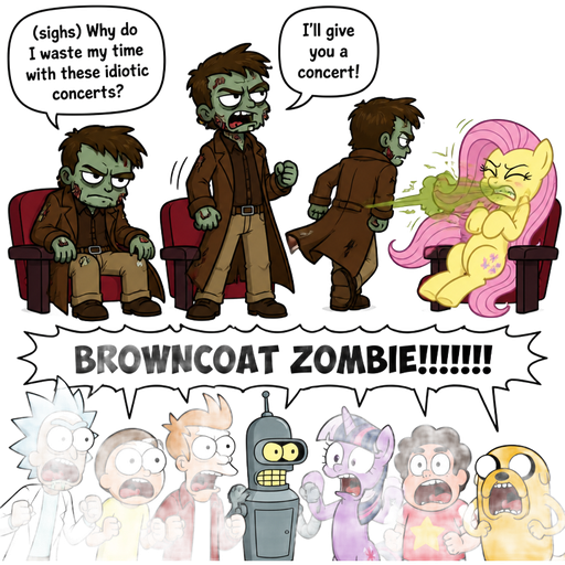 cartoon crossover comic browncoat zombie:(sighs) Why do I waste my time with these idiotic concerts? (browncoat zombie gets up from his seat) browncoat zombie: I'll give you a concert! (browncoat zombie farts in fluttershy's face as he leaves the theatre)
The rest of the cartoon characters: browncoat zombie!!!!!!!