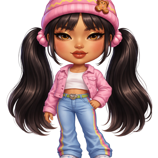 Ginger Snap with a Medium-Tan Neutral Amber Skin Tone and a Beanie with a Pink Stripe in the Center and a Yellow Squiggly Zigzag in the Middle of it and a Small Gingerbread Clip on the Flipped up Part of the Beanie with Jet Black Hair Tied into Ponytails with Pink Scrunchies on both sides of the hair with the Length of the Hair Being Long with a Mature Adult Toned Build and V- Shaped Bangs with Downward-Turned Lips with a Lifted Eyelash Finish Having a Cinnamon Matte Lipstick Style With a Candlelight Golden Glow Makeup Defiance In Which the Eyebrows Are Tapered, Monolid Eyes Shape with a Turned- Up Nose and a Diamond Face Shape With A White T-Shirt and Pink Jean Jacket with Blue Long Jeans with a Pattern of a pink Stripe and a zigzag going down the middle on the bottom of them Wearing Blue Denim Sneakers and a Yellow Belt with a Silver Heart Buckle and Luxury Glossy