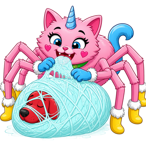 giant pink cat spider hybrid with blue unicorn horn green collar blue eyes with eyelashes heart shaped cheeks white wrists blue gloves white ankles yellow boots blue tail and with white stripe pink spider legs happy eating #B8FFFF cocoon cocooned giant red dog sleeping completely covered with #B8FFFF coating of #B8FFFF spider slik and #B8FFFF spider slik wrappings and #B8FFFF spider slik webbing wrappings cocoon #B8FFFF