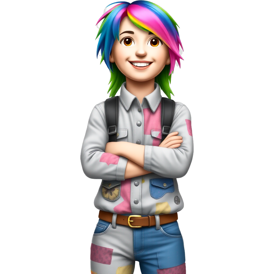 A girl with bright rainbow hair stands confidently, arms crossed and wearing a vibrant, mismatched outfit full of patterns. She holds her neck playfully, laughter lighting up her face, surrounded by swirling colorful butterflies that dance around her, adding a magic touch to her carefree spirit.