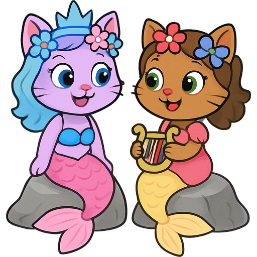 light purple cat furry happy blue eyes with blue with pink flowers and crown hair blue bikini top pink mermaid tail with light pink fins sitting on a rock brown cat furry happy green eyes with red with purple flowers and blue bows hair pink dress attached to yellow mermaid tail with light yellow fins with a harp cute cartoon clipart style