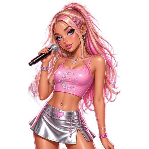 Cute hot girl with blue eyes baby pink mixed with hot pink highlights hair with 2 ear piercings on both ears and a belly piercing, wearing a silver skirt with pink crop top with microphone posing on a stage and above her head, says Hannah moon and fans in the background holding signs