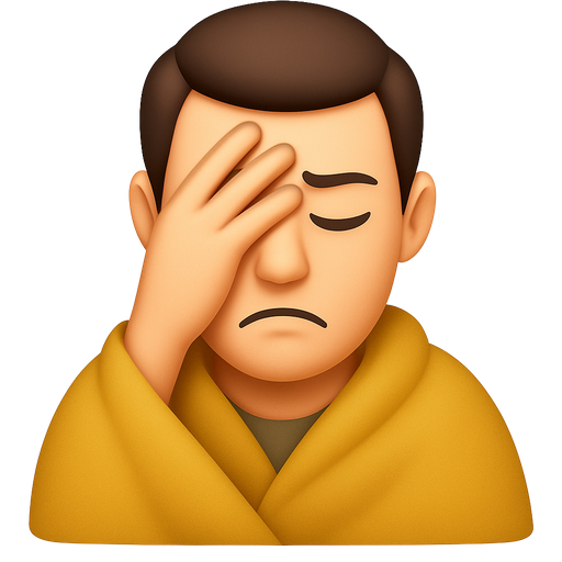create a light skinned man face palming himself. looking annoyed. instead his thumb finger should be on his right eyebrow and index finger on left eyebrow. he should wear a blanket like a cape