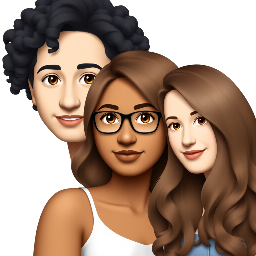 made three beautiful friends, the first is light-skinned and has long curly black hair, the second is brown she has medium-length wavy brown hair and wears glasses, and the third is light-skinned and has long brown wavy hair