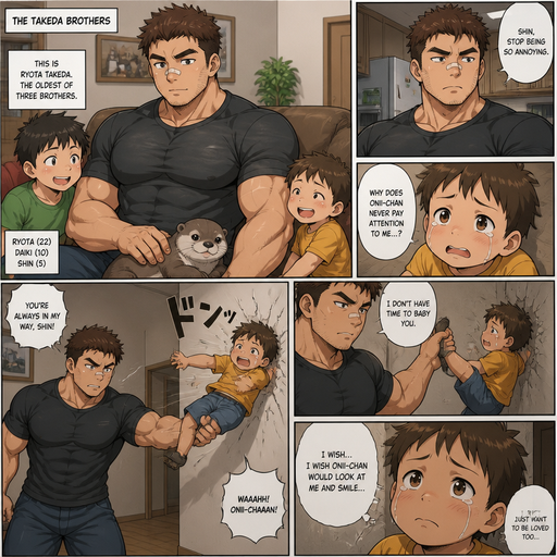 A DETAILED AND LIFELIKE ANIME Comic Book STORY of a Bulky but Muscular ANIME Cute Bara Man With Peach toned skin Who looks Normal aind round facial Structure and Basic facial structure With Puffy and Big Pecs that are visible through the shirt and Biceps and Bandaid on his nose and Brown short hair that makes them look tough. Wearing normal With his pet Grown and healthy realistic otter and 2 little brothers that are in different ages but young. And he doesn‘t like the youngest one and the youngest flys to the wall while he holds the youngests foot. And the youngest wishes he was loved by the oldest