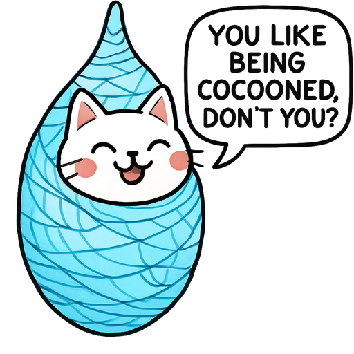 happy white cat with two red cheeks wrapped up in a thin layer of non-transparent #B8FFFF spider slik cocoon and covered with a thick coat of non transparent #B8FFFF spider slik webbing wrappings and #B8FFFF slikworm cocooned pod covered with #B8FFFF huge coating of #B8FFFF slik and huge #B8FFFF slik wrappings and huge #B8FFFF webbing wrappings #B8FFFF saying you like being cocooned don't you? artistic creation, beautiful art