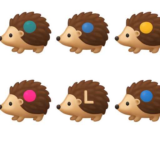 6 hedgehogs, one with a turqoise dot on its back, one with both blue and yellow dots on its back, one one with a yellow dot on its back, one with a hot pink dot on its back, one with a nude colored L on its back and one with a blue dot only on its back