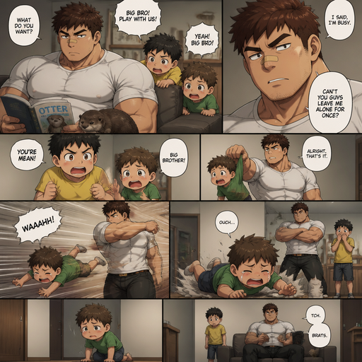 A DETAILED AND LIFELIKE ANIME Comic Book story view of a Bulky but Muscular ANIME Cute Bara Man With Peach toned skin Who looks Normal aind round facial Structure and Basic facial structure With Puffy and Big Pecs that are visible through the shirt and Biceps and Bandaid on his nose and Brown short hair that makes them look tough. Wearing normal With his pet Grown and healthy realistic otter and 2 little brothers that are in different ages but young. And he doesn‘t like them and big brother picks the little brother up and The little brother fly’s to the floor and limps away