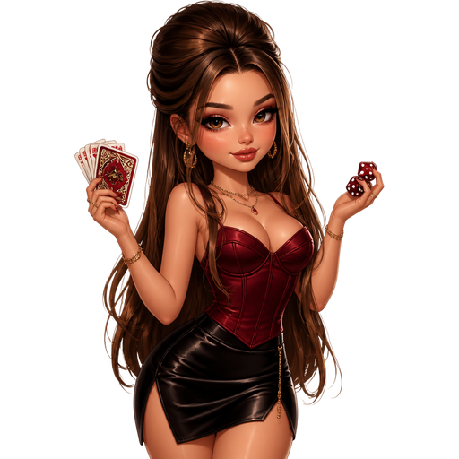semi-realistic soft cartoon luxury glam, mini plush Bratz-doll aesthetic, cinematic glow, crisp clean detail, glossy glam skin. brown eyed Petite 5ft girl, fair skin with soft freckles, wide face with tall forehead, honey-brown almond wide-set upturned eyes, fluttery lashes, shimmer highlight, plush lips, bottom heavy lip, sweet Belle-princess vibe, long straight brunette hair with visible caramel highlights, wearing a rich ruby bustier-style top with a black satin mini with side slit, gold jewelry and pointed heels, hair in a voluminous half-up bump with long waves, makeup with soft cherry smoky eyes and glossy neutral lips, holding dice or playing cards with a flirty smirk