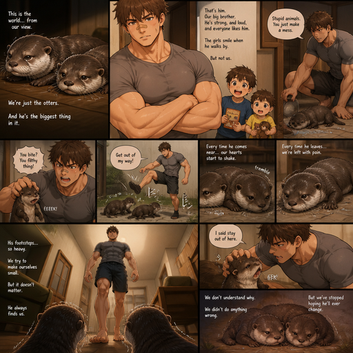 A DETAILED AND LIFELIKE ANIME Comic Book story and shows better and bigger pictures about when it’s about the otters view of a Bulky but Muscular ANIME Cute Bara Big and Buff Big brother and Hunky and Hot and makes girls hearts flutter With Peach toned skin Who looks Normal aind round facial Structure and Basic facial structure With Puffy and Big Pecs that are visible through the shirt and Biceps and Bandaid on his nose and Brown short hair that makes them look, attractive and hot and Strait hair. Wearing normal With his pets Grown and healthy 2 otter and never loved them and 2 little brothers that are in different ages but young. The otters get mistreated a lot from him and they lay there after every time there mistreated. And the otters tremble when he walks to them. And he doesn’t care.