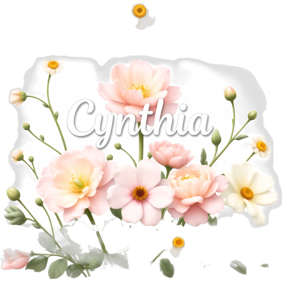 "Soft pastel colors, vintage vibes, blooming flowers, serene ambiance, playful elements, name 'Cynthia' artfully integrated."