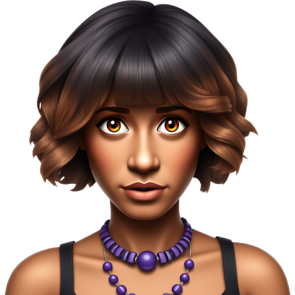 very angry upset young Black woman with a wavy bob hairstyle. Auburn colored hair. wearing beautiful purple jewelry.