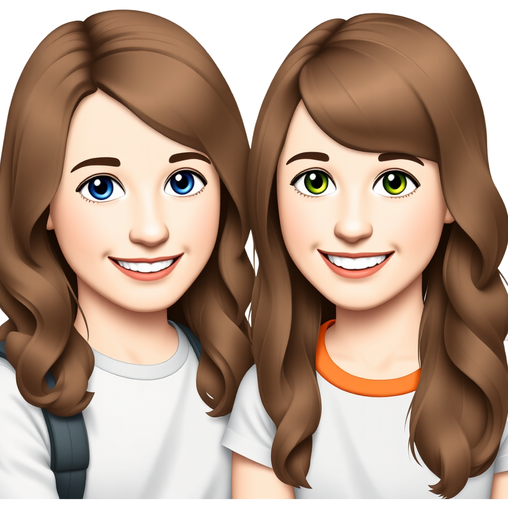 "Two 12-year-old girls with brown wavy hair, one with blue eyes, one with green eyes and braces, friendship vibes."