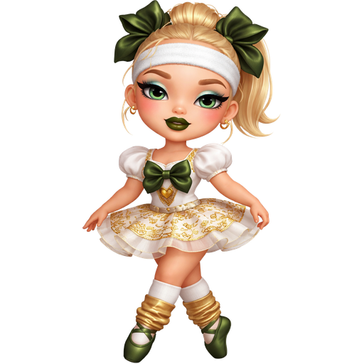 Banana Twirl with a Fair-Light Warm Soft Beige Skin Tone with a Full Lip Shape With a Slight Doll Eyelash Shape and A Dark Green Tinted Matte Lipstick with a Grey-ish Blue Eyeshadow and a Curved Round Eyebrow with a Almond Eye Shape and a Square Face Shape with Light Blonde Hair in a Short Ponytail Hairstyle in a Up Position With the Bows Being A Dark Moss Green With a White Sweat Band on Her Forehead Wearing a White Ballet Dress With the Skirt Being Gold and White Short Puffed Sleeves and the Center of Dress Has a Dark Moss Green Bow With the Strap Being White Wearing White Sweat Band Round her Knees and Gold Leg Warmers Round her Ankles and Dark Green Ballerina Slippers with Ivy-Green Eyes with a Mature Adult Toned Build and Vivid with 3D Distinct Features And High Visual Textures in a Soft 4K Intense Polished Shine