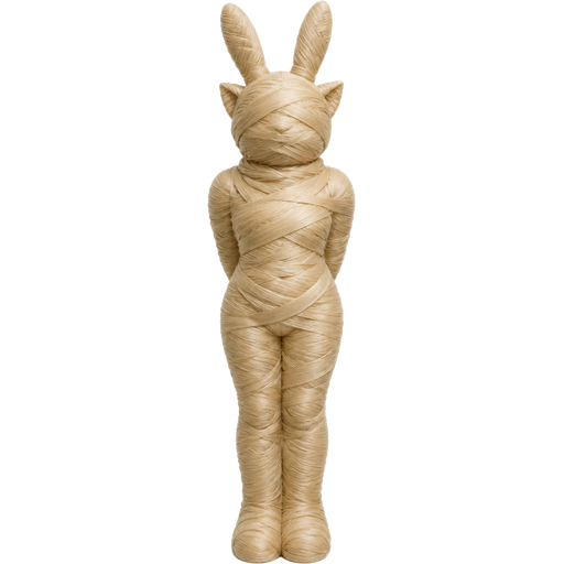 sticky light blonde hair mummy anthro femboy cat rabbit hybrid entombed wrapped up and mummified fully covered in a light blonde hair mummy shaped like anthro femboy cat rabbit hybrid with arms behind back with light blonde hair wrappings completely covered with thick layers non-transparent light blonde hair wrappings light blonde hair