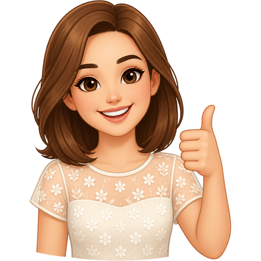 light skin woman with shoulder length chestnut brown hair wearing a summer illusion top short sleeves with thumb up
