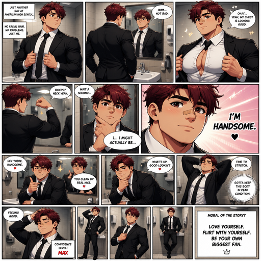 A Full page Anime Comic book story of a masculine and Bulky ANIME Cute Bara Man Who looks Normal and American high schooler with zero facial hair with a round facial Structure and Basic facial structure With Puffy and Big Pecs that are visible through the shirt and Biceps and Bandaid on his nose. Wearing a Black Suit and tie and Pants and Dark Red Hair. Doing different poses in the bathroom and showing off his body in the mirror and finally recognizing that he’s handsome. And then Flirts with himself in the mirror. And stretches and acts like a Model