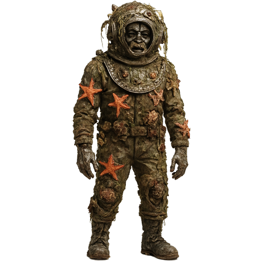 zombie with old diving suit covered with starfish and corals broken diving helmet covered with barnacles and seaweed torn up boots with legs shown
