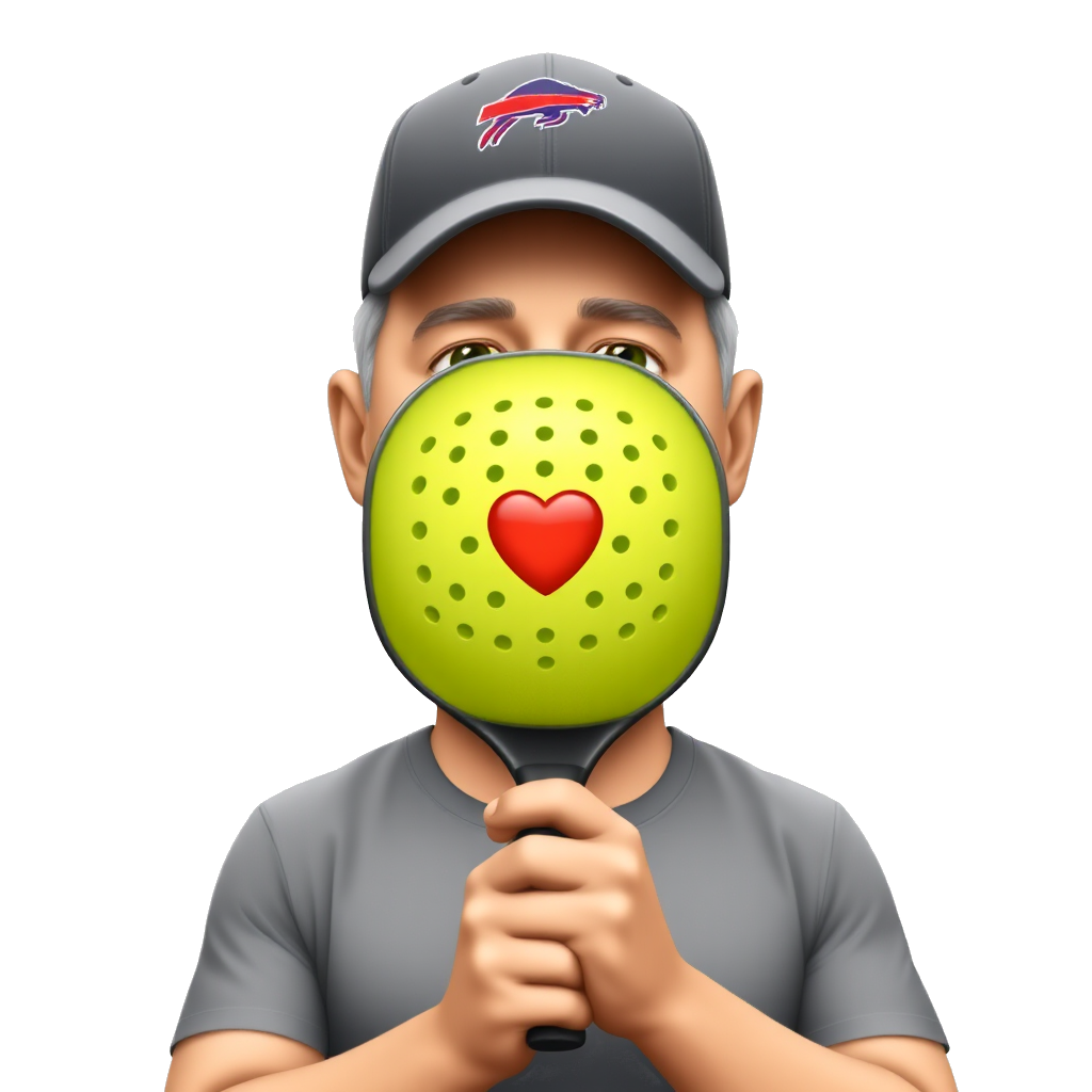 A green eyed pickleball player. He is shown from the waist up so his athletic shorts show at the bottom of the emoji. His face is slightly rounded and not long or gaunt because he is moderately overweight. He is facing straight forward. He has a very short stubbly gray and white beard and mustache, wearing a buffalo bills ball cap,. He has a small red valentine heart in the center of his chest. He is holding a pickleball paddle in his right hand and he is holding a lime green colored pickleball in his left hand. The pickleball is covered with many evenly spaced 1/4 inch holes across its entire surface.
