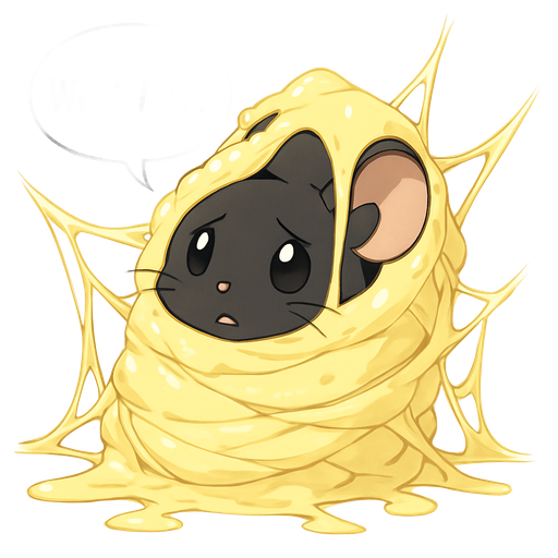 #FFF98A slikworm cocooned pod black mouse saying Why me? covered with #FFF98A huge coating of #FFF98A slik and #FFF98A slik wrappings and #FFF98A webbing