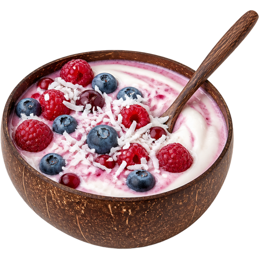 Vanilla Berry Collagen Smoothie Bowl in a Coconut Shell-Style Bowl With a Wooden Spoon with Raspberries, Blueberries, Cranberries and Shredded Coconut with Vanilla Yogurt Swirled into it on Top