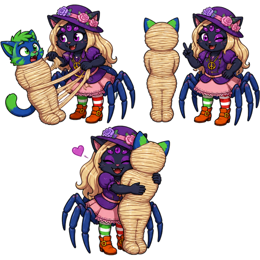 1 blue and green boy cat furry getting wrapped up and webbed by furry black cat anthro with five purple eyes light blonde hair purple and pink florist hat and purple florist outfit a spider's blue lower body wearing green and white and red socks orange boots with buckles light pink skirt peace sign necklace hybrid using its own light blonde hair webbing 2 light blonde hair mummy shaped like blue and green boy cat furry with arms behind back and legs bonded together completely covered with light blonde hair mummy 3 then furry black cat anthro with five purple eyes light blonde hair purple and pink florist hat and purple florist outfit a spider's blue lower body wearing green and white and red socks orange boots with buckles light pink skirt peace sign necklace hybrid hugs the light blonde hair mummy shaped like blue and green boy cat furry with arms behind back and legs bonded together completely covered with light blonde hair mummy clipart cartoon version