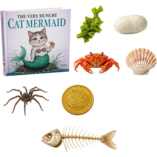 the very hungry cat mermaid book on Saturday she ate one seaweed one slikworm cocoon one crab one seashell one spider one golden coin one pearl and one fish bone