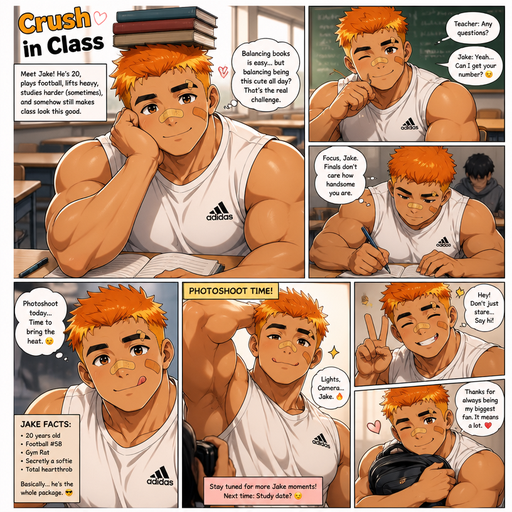 A Full page Anime Comic book story about of a masculine and Bulky ANIME Cute Bara Man American 20 year old with a ROUND and BASIC facial structure and TENAGE BARA CUTE MALE not to detailed With bigger than average Pecs that are visible through the shirt and Biceps and a big Bandaid on his nose and Left Cheek and Right Eye brow. Wearing a no piercings Baggy White sleeveless Adidas Athletic shirt and Short and Orange Hair and Brighter Yellow Hair Tips and Strait with brown eyes and black eyebrows. Sitting down with his head still and his eyes looking up at you with a Hot,Cute and Dreamy smile And Balances Books on his head and doing other cute and Hot stuff in classrooms and Licking his lips at a Photoshoot.