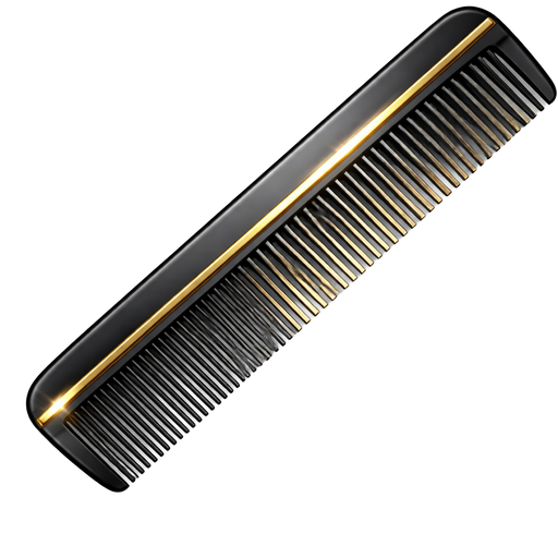 Ultra-realistic high-resolution emoji-style sticker of a fine-tooth comb with no handle, featuring a sleek matte black base with subtle metallic gold accents along the spine and between selected teeth. Precise, evenly spaced teeth with sharp detail, smooth finish with soft reflections. Clean, professional salon aesthetic with a luxury feel. Crisp edges, sharp focus, and studio lighting.