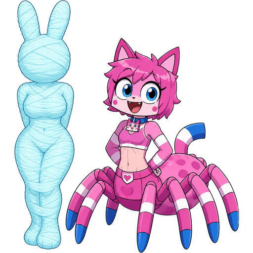 wrapped up and mummified fully covered in a #B8FFFF spider slik cocoon shaped like anthro female rabbit anthro arms behind back with #B8FFFF spider slik wrappings completely covered with thick layers non-transparent #B8FFFF spider slik wrappings next to a happy anthro femboy pink cat drider based on unikitty