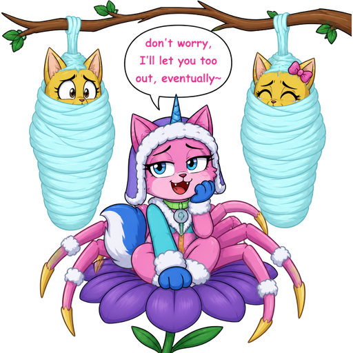wrapped up and mummified fully covered in a #B8FFFF spider slik cocoon shaped like male anthro yellow cat anthro worried with arms behind back with #B8FFFF spider slik wrappings completely covered with thick layers non-transparent #B8FFFF spider slik wrappings hanged to the branch on the left side next to wrapped up and mummified fully covered in a #B8FFFF spider slik cocoon shaped like female anthro yellow cat girl anthro whimpering arms behind back with #B8FFFF spider slik wrappings completely covered with thick layers non-transparent #B8FFFF spider slik wrappings hanged to the branch on the the right side next to happy femboy anthro furry pink cat drider with blue and white tail white wrists blue hands white ankles yellow tips on spider legs green collar blue unicorn horn based on unikitty wearing everest's hat and clothing sitting on a purple flower don't worry, I'll let you too out, eventually~