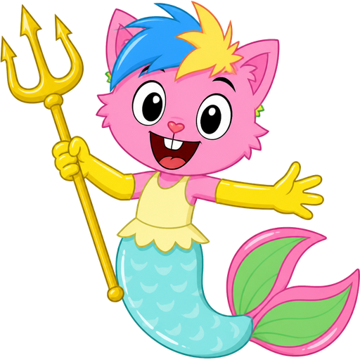 pink boy cat furry with blue and yellow hair and yellow very long rubber gloves holding a golden trident yellow dress tucked in light yellow and light cyan mermaid tail with white highlights with pink and green tail fins with pink highlights (happy tree friends)