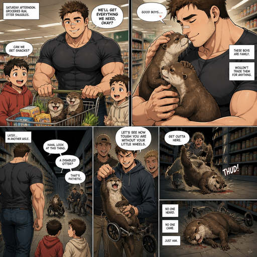 A DETAILED AND LIFELIKE ANIME Comic Book story view of a Bulky but Muscular ANIME Cute Bara Man With Peach toned skin Who looks Normal aind round facial Structure and Basic facial structure With Puffy and Big Pecs that are visible through the shirt and Biceps and Bandaid on his nose and Brown Short and Strait hair. Wearing normal With his pet Grown and long and Owns HEALTHY, CUTE AND REALISTIC OTTERS in Dog Wheel Chairs and 2 little brothers that are in different ages but young. At the grocers store, And their otters cuddle. One of the otter getting shakedown by humans. it was in another aisle, so nobody was there. And it ends up laying on the floor