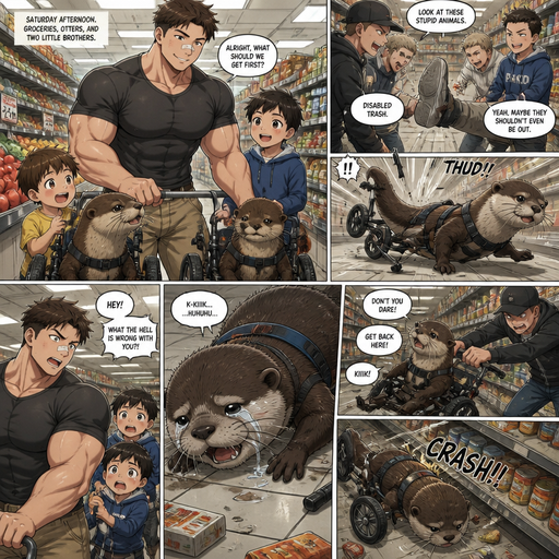 A DETAILED AND LIFELIKE ANIME Comic Book story view of a Bulky but Muscular ANIME Cute Bara Man With Peach toned skin Who looks Normal aind round facial Structure and Basic facial structure With Puffy and Big Pecs that are visible through the shirt and Biceps and Bandaid on his nose and Brown Short and Strait hair. Wearing normal With his pet Grown and long and Owns HEALTHY, CUTE AND REALISTIC OTTERS in Dog Wheel Chairs and 2 little brothers that are in different ages but young. At the grocers store, And their otters cuddle. One of the otter got bullied by humans, and the otter flys out of the wheelchair and the otter lays there unable to move and crying. And the otter’s twin Was held back and rolled into a Isle shelf Away from His Brother And the otter’s twin fell over