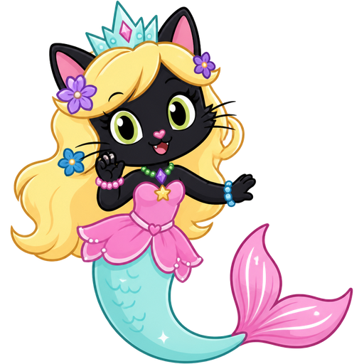 black cat with light yellow hair purple and blue flowers light cyan crown purple and green necklace pink and blue bracelets pink dress attached to long light cyan mermaid tail with pink tail fins with white highlights (star vs the forces of evil)