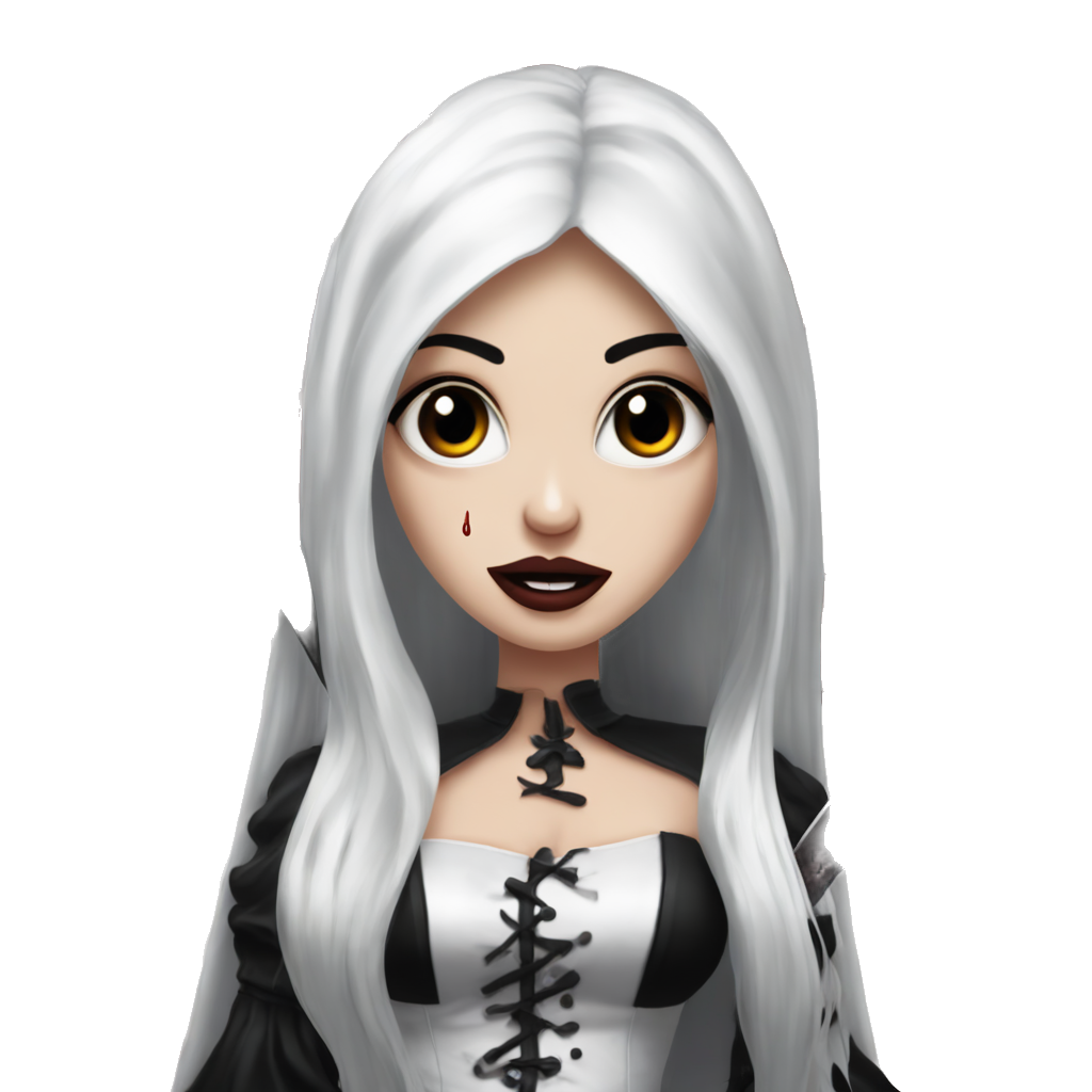 Very white skin black hair long straight hair sexy face gothic makeup dental dress covered with blood holding knife