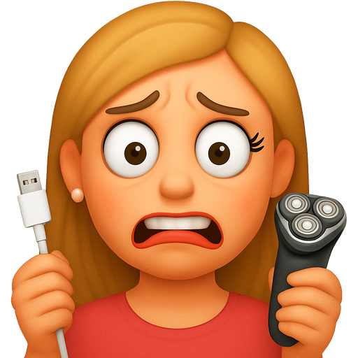 A crazy looking woman with with medium blonde hair with only one earring on and only one fake lash a charger in her hand, and an electric shaver in her hand looking paranoid
