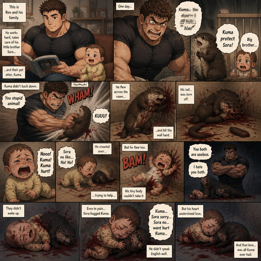 A DETAILED AND LIFELIKE LONG ANIME Comic Book story view of a Bulky but Muscular ANIME Cute Bara Man With Peach toned skin Who looks Normal aind round facial Structure and Basic facial structure With Puffy and Big Pecs that are visible through the shirt and Biceps and Bandaid on his nose and Brown short hair that makes them look tough. Wearing normal With his pet Grown and healthy realistic otter. And had a brother infant baby And the otter sticks up for the baby and then flies to the wall from him and lays there and the otter looses his tail In discipline for defending him. And the baby watches everyhting crying and trying to help but isn’t strong enough and to small but crawls to the brother to defend the otter but flies at the wall red getting everywhere and shivering and the Brother hated them both the whole time and the baby and the otter didn’t wake up and the baby huged the otter and the baby can‘t speak good English