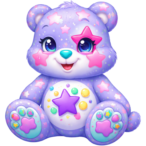 Dazzling Star Periwinkle Care Bear with Pink Stars Covering the Arms, Legs, Face, Tail, and Right Ear with a Teal Heart Nose and Teal paws with Pink Stars on the fur of the Bottom of the feet with a Purple Star in the middle and Green and Pink Stars Surrounding it along with Yellow, Green and Pink Bubbles next to it on the Stomach on the Right Eye there is a Big Pink Star Surrounding it and Two Big Pink Stars Covering the cheeks with a small pink star in the pupil of the Left Eye