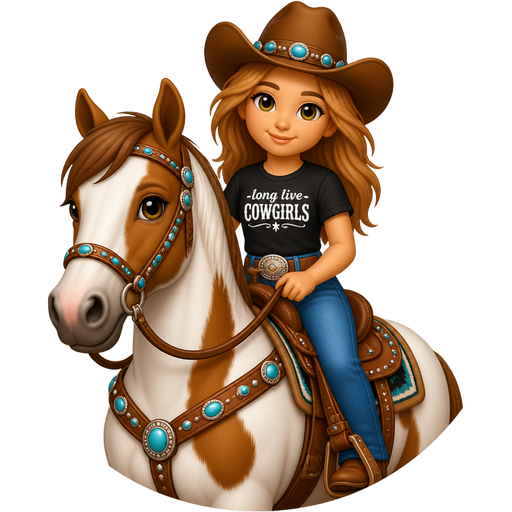 A girl with strawberry blonde brownish hair and hazel eyes riding on a white and brown horse and a brown saddel with turquoise gems and a halter the same way as the saddle and the girl wearing blue jean pants with a belt with a belt buckle a black shirt that says long live cowgirls and a cowgirl hat with turquoise gems with a western background